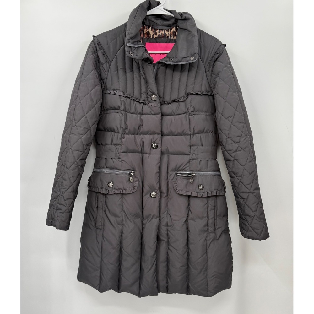 Betsey Johnson Quilted Puffer Coat‎ Ruffle Zipper Detail Women's Medium Gray